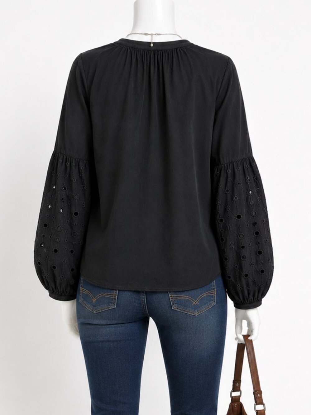Old Navy Black Button-Up Blouse w/ Lace Sleeves Size M - Picture 4 of 8